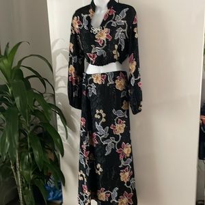 Vintage handmade two piece matching coord black metallic floral set blouse skirt